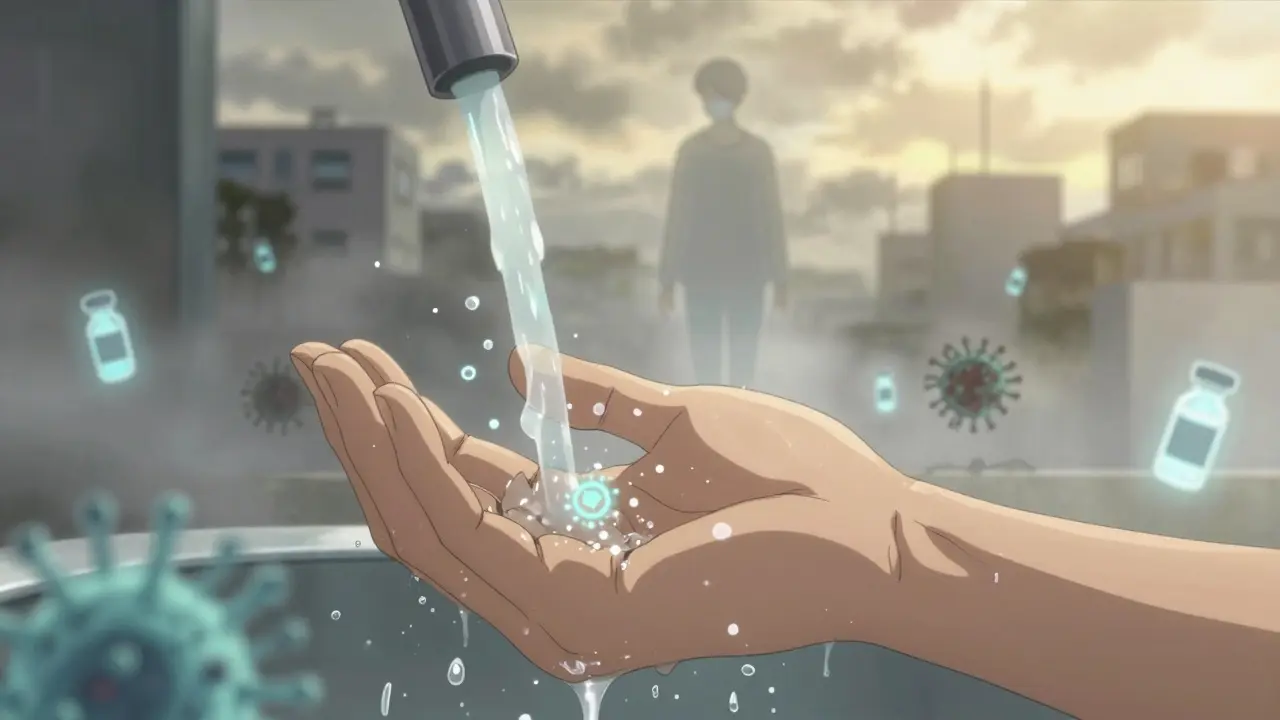 A hand washing with glowing microbes being rinsed away, surrounded by floating vaccine vials and a masked figure in a foggy city.