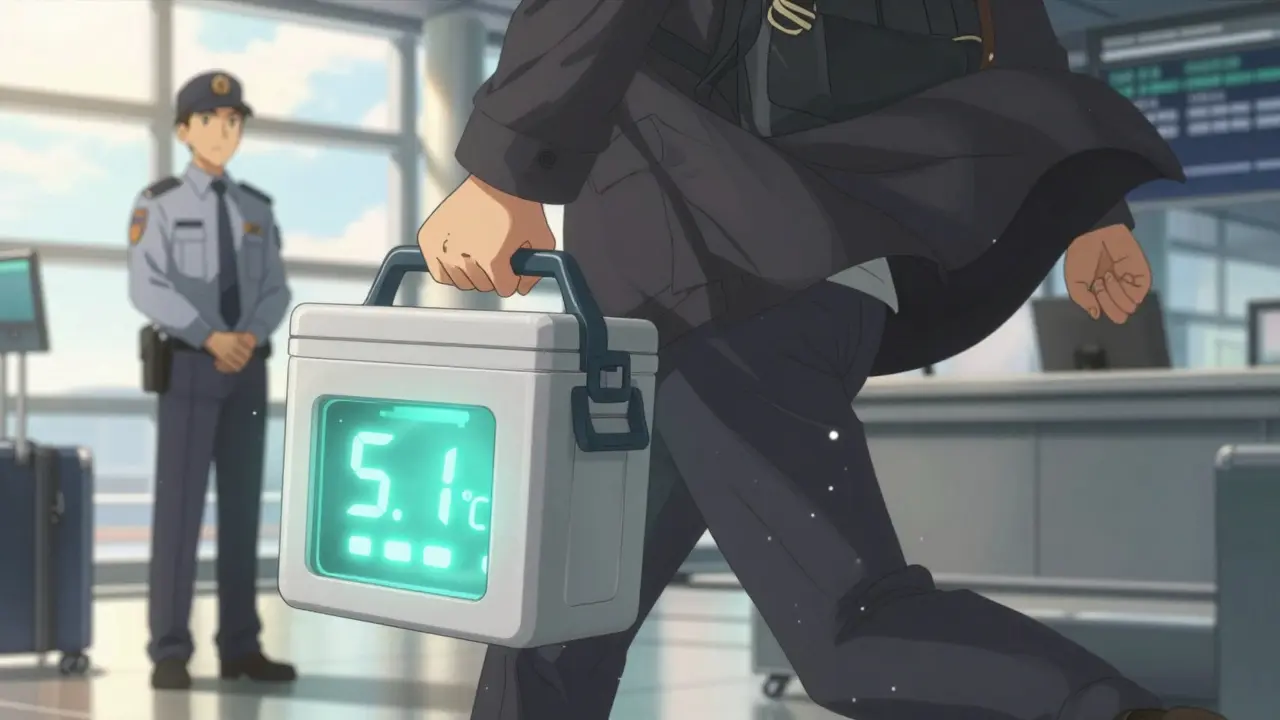 A person carrying a glowing medication cooler through an airport, with TSA agent nearby.