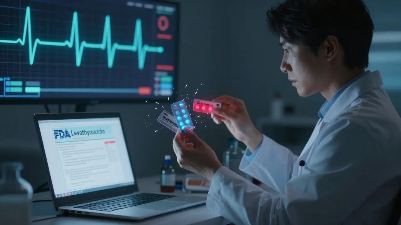 A pharmacist reviewing FDA recalls as three generic pills glow differently, one breaking.