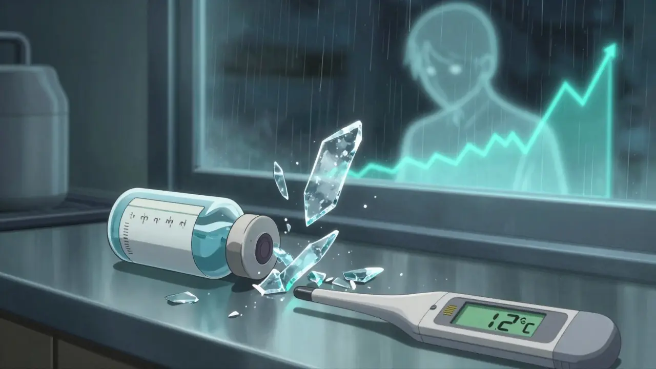 A shattered insulin vial with ice shards floating in air, thermometer reading below freezing.