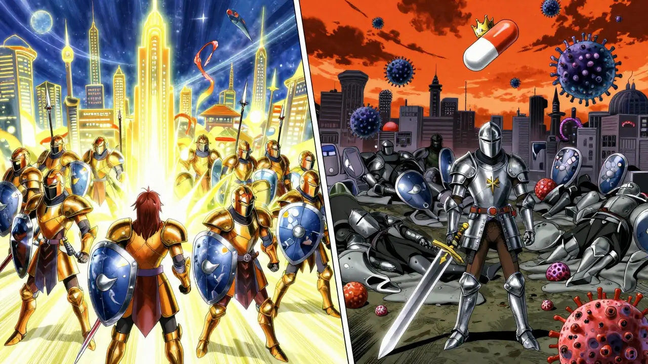 A split scene comparing a healthy immune system as warriors defending a city versus a weakened one under viral siege.
