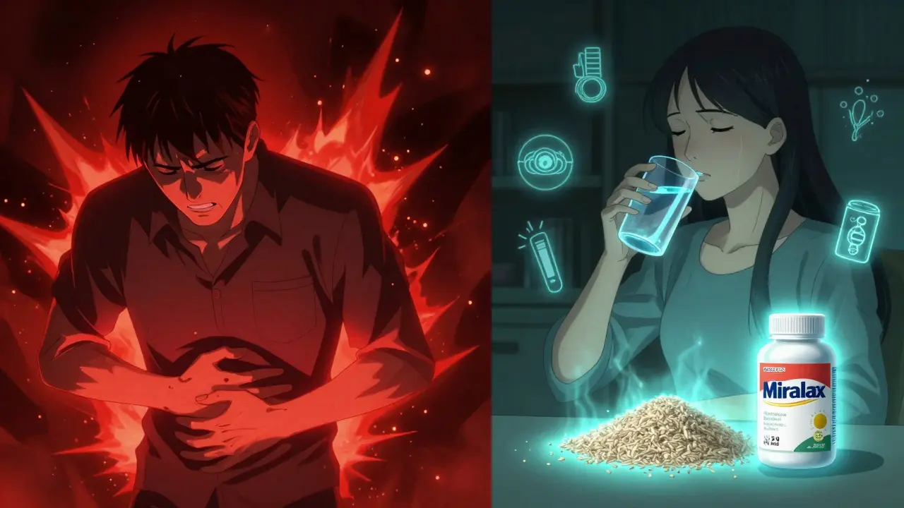 Contrasting scenes: one man in pain with fiery laxatives, another calm beside fiber and MiraLax with calming auras.