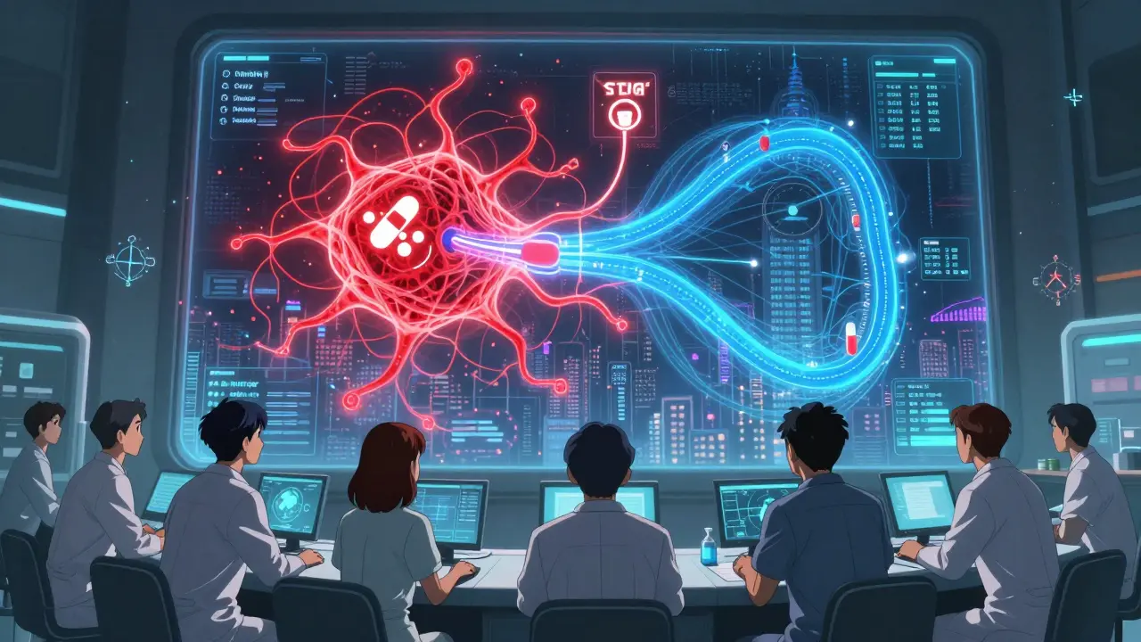 Doctors monitoring a complex digital network showing medication-DTx interactions with warning signals and adjusted dosing pathways.