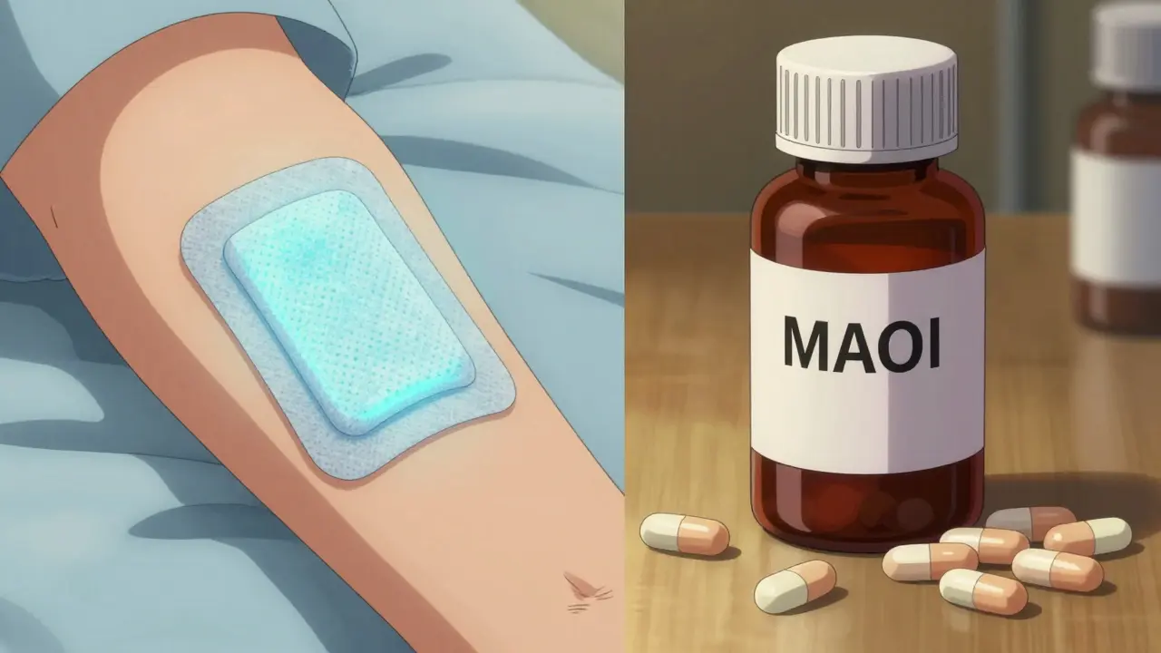 Emsam patch and traditional MAOI pills side by side.