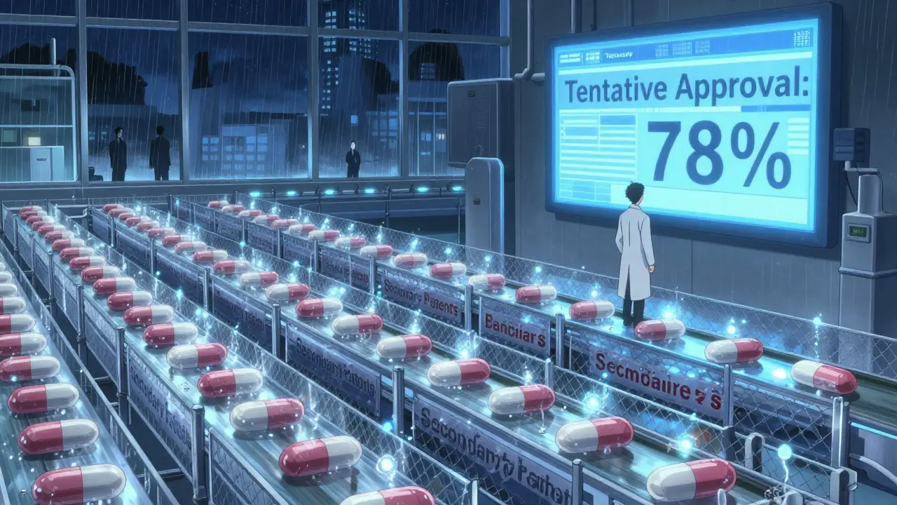 Generic pills freeze on a conveyor belt behind legal barriers while an FDA inspector views a 'Tentative Approval' screen.