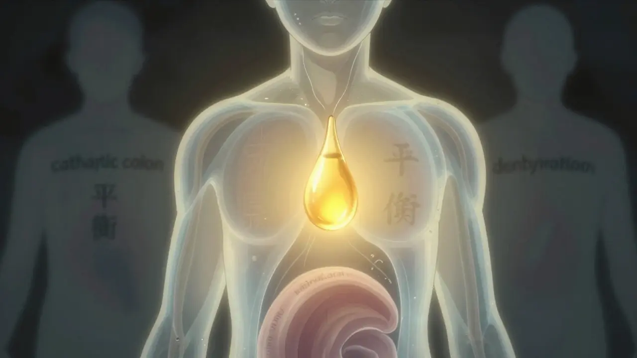 Glowing colon with smooth water flow, MiraLax cap at center, shadowy threats fading, soft golden light.