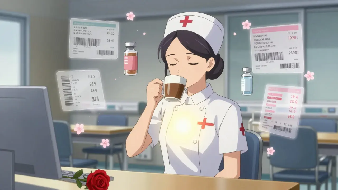 Nurse in quiet break room surrounded by floating medical data during a safety pause.