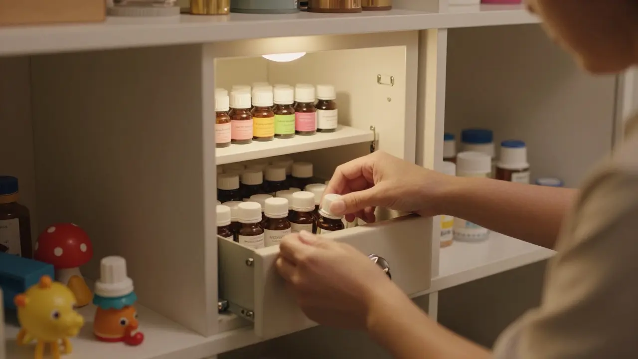 Parent storing medications in locked linen closet safe