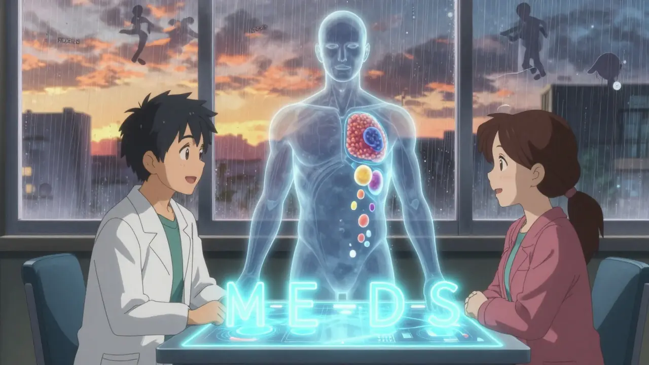Specialist and patient at a holographic table displaying the MEDS protocol, transparent human torso showing plaques dissolving under blue light.