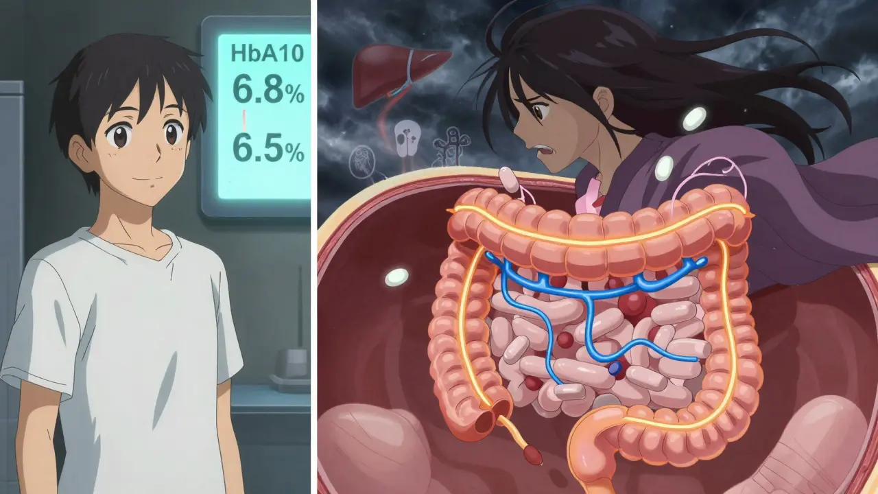 Split scene showing improved HbA1c on one side and hidden interference of metformin absorption on the other.