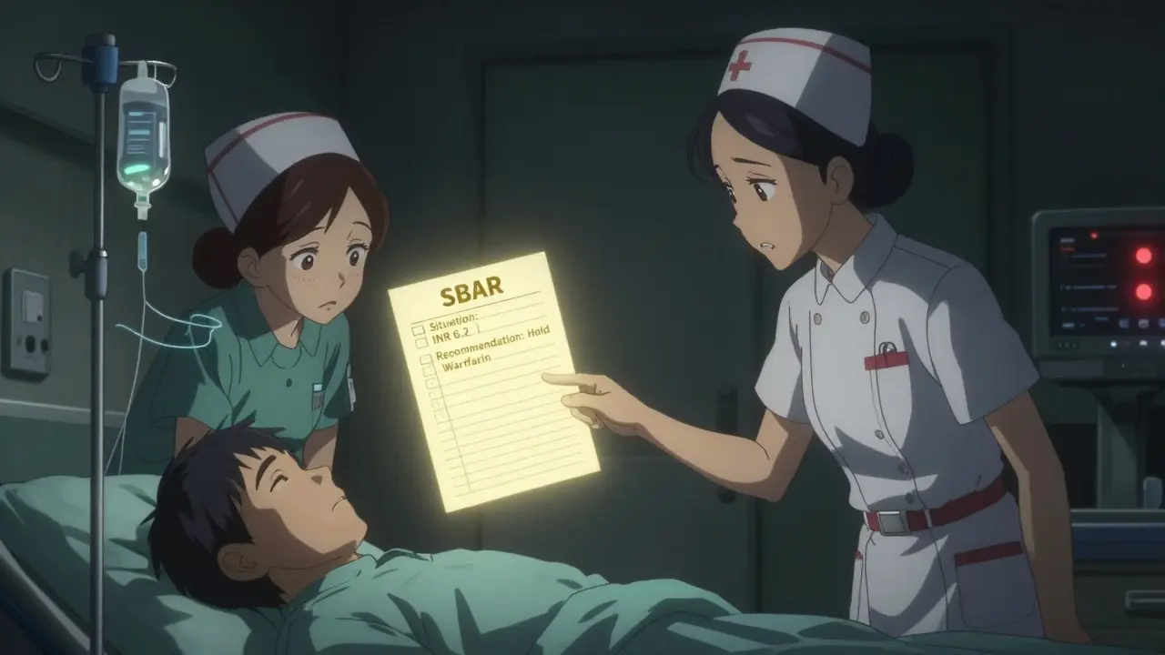 Two nurses exchanging critical patient info during shift handoff with SBAR checklist glowing.