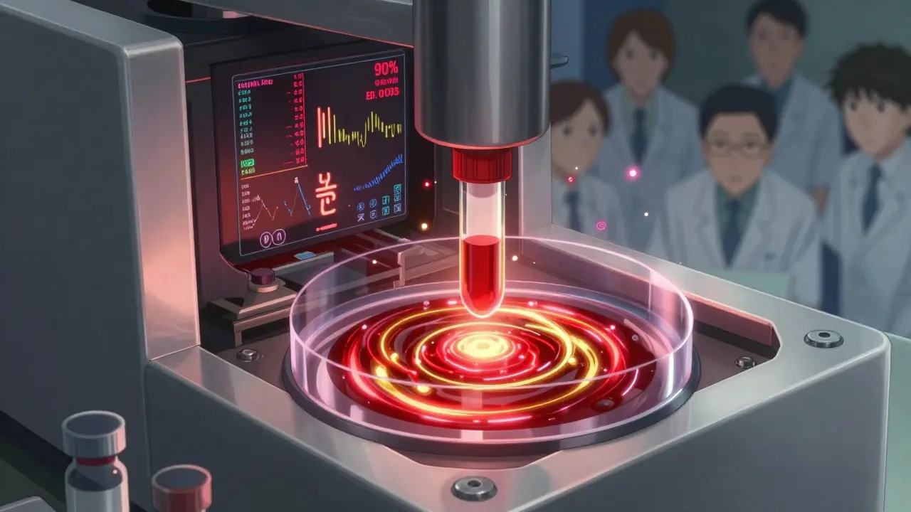 A blood sample being analyzed in a high-tech LC-MS/MS machine with glowing data streams representing drug absorption metrics.