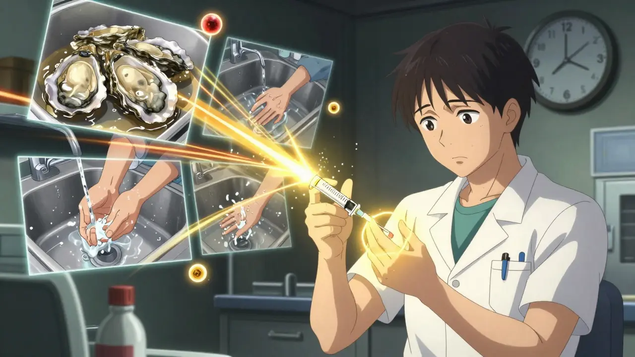 A medical worker giving a hepatitis A vaccine to a food handler, with protective glowing antibodies.