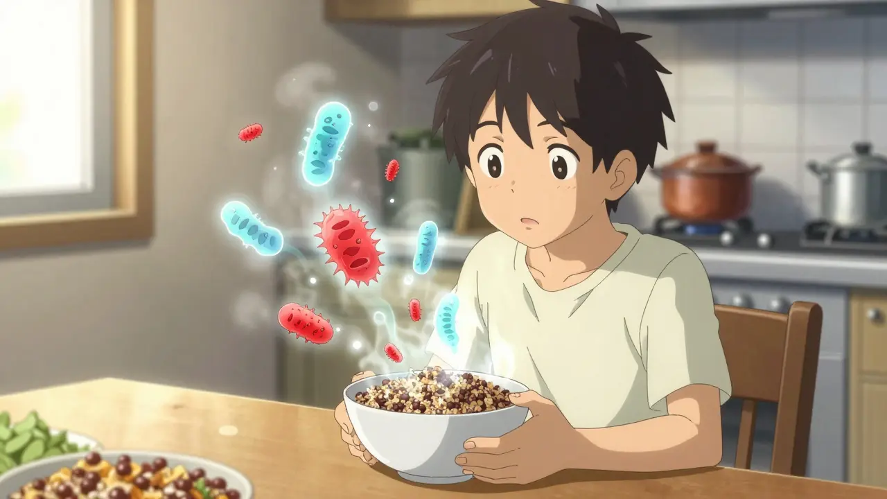 A person eating a wholesome meal as glowing gut bacteria rise from the food, dissolving inflammatory symbols into light.