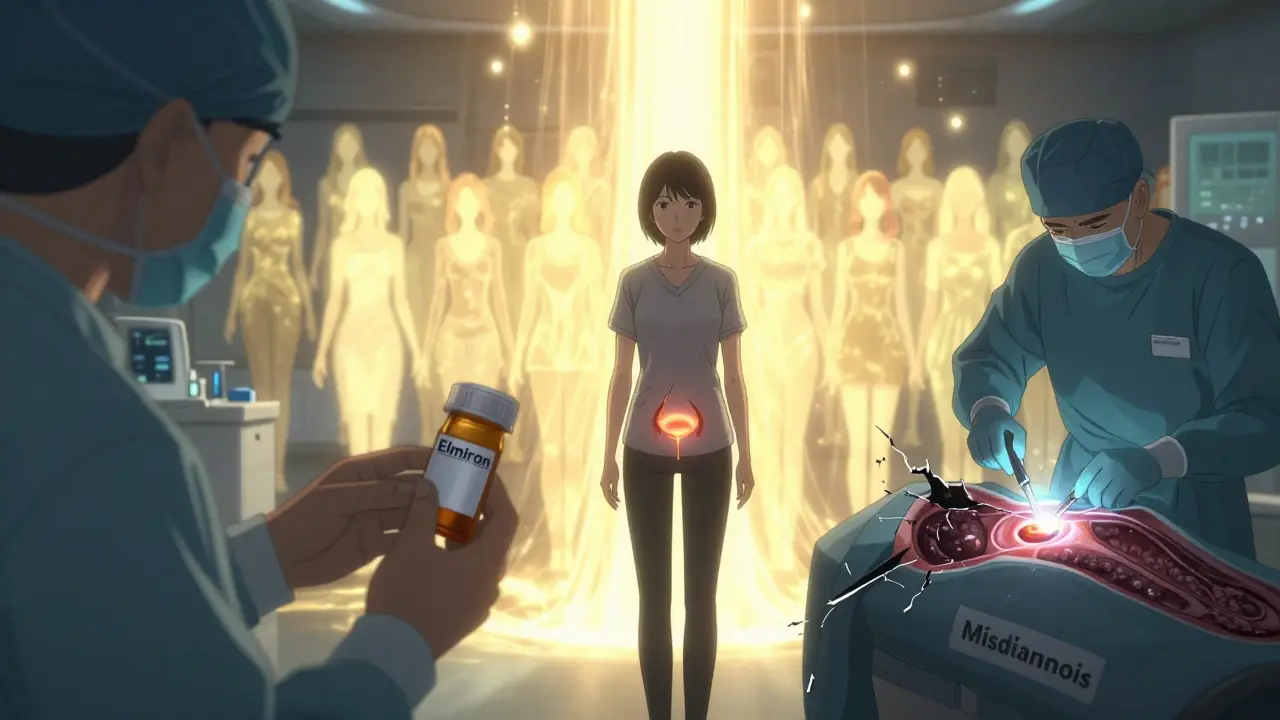 A woman at the center of a fractured medical system, one side ignoring her endometriosis, the other side offering surgical relief.