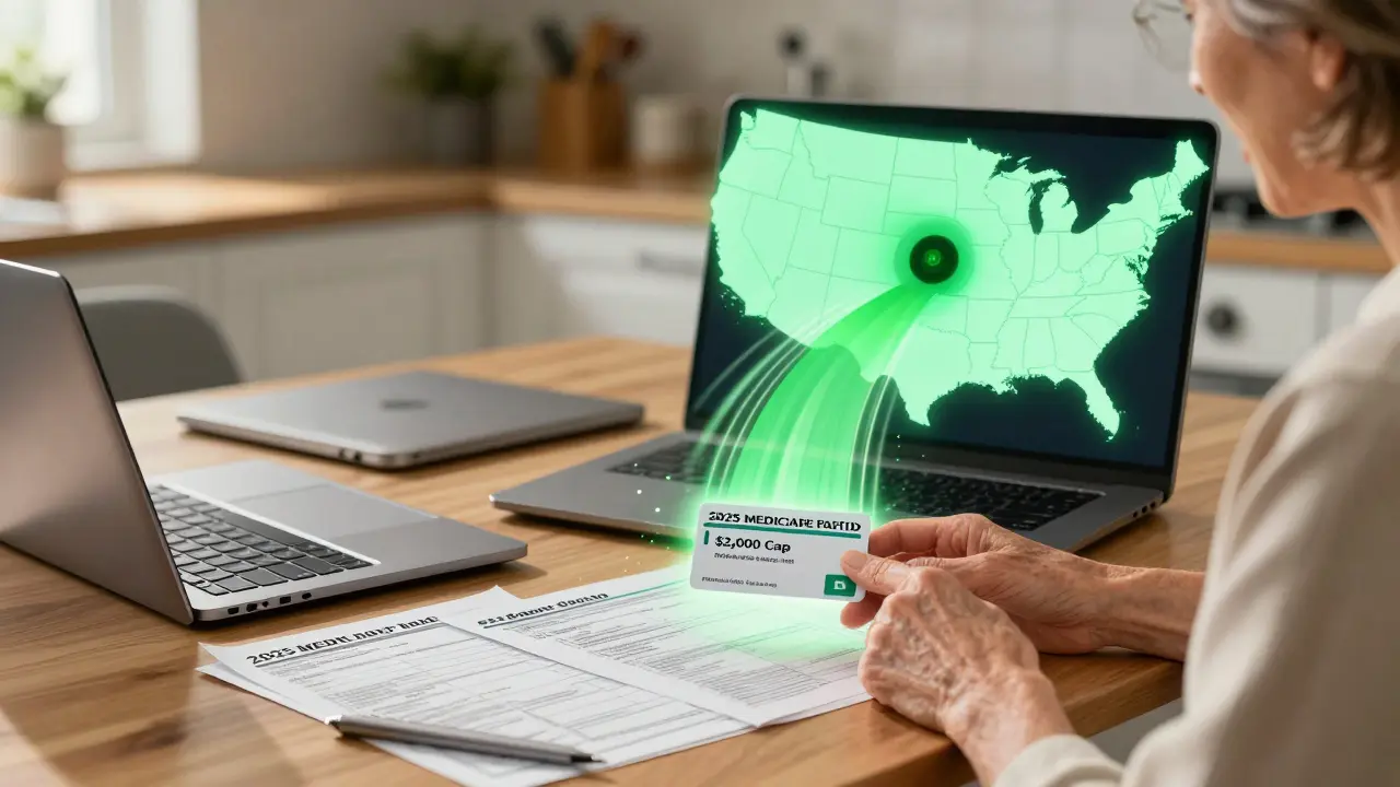 An elderly woman reviewing Medicare changes at home, with a collapsing donut hole and co-pay card glowing on the table.