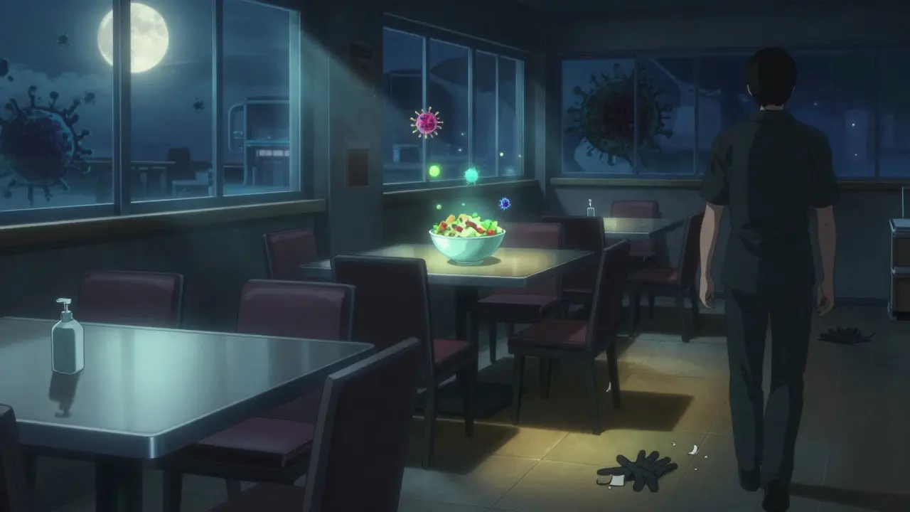 An empty restaurant at night with invisible hepatitis A particles swirling above a salad bowl.
