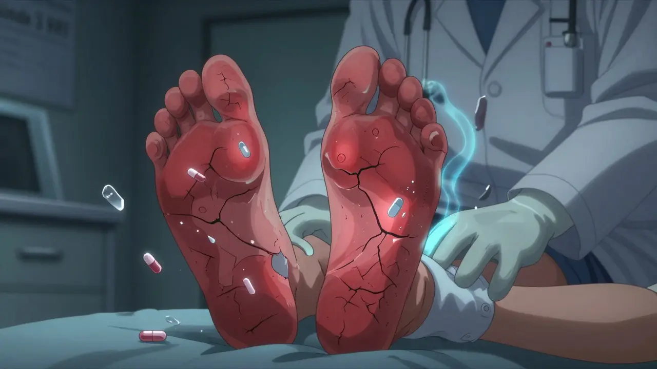Chemotherapy patient with glowing red, peeling hands and soles, surrounded by floating pill fragments.