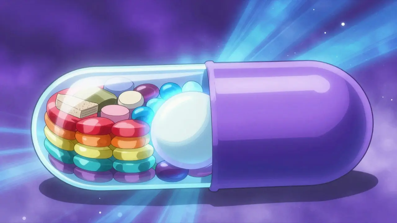 Cross-section reveals hidden ingredients inside medication tablet