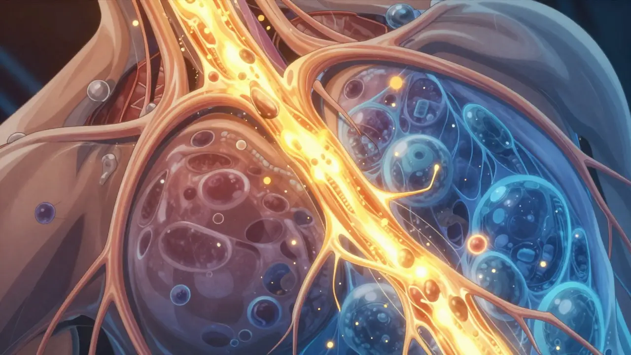 Glowing cells showing slowing metabolic energy flow.