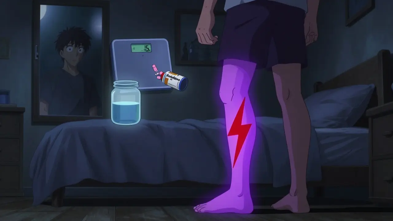 Man with one severely swollen leg glowing purple, DVT warning symbol visible, medical indicators floating nearby.