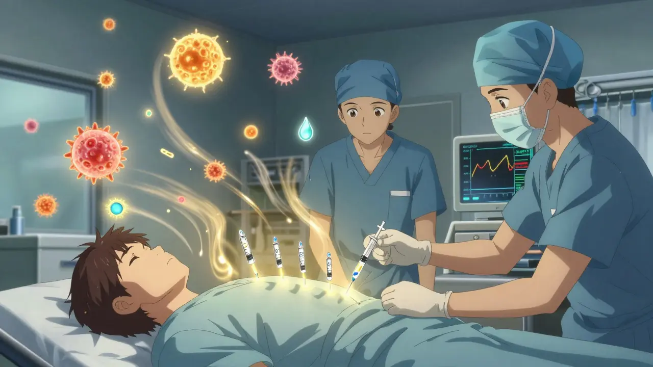 Medical team administering controlled insulin doses during desensitization therapy, with glowing immune cells in the air.