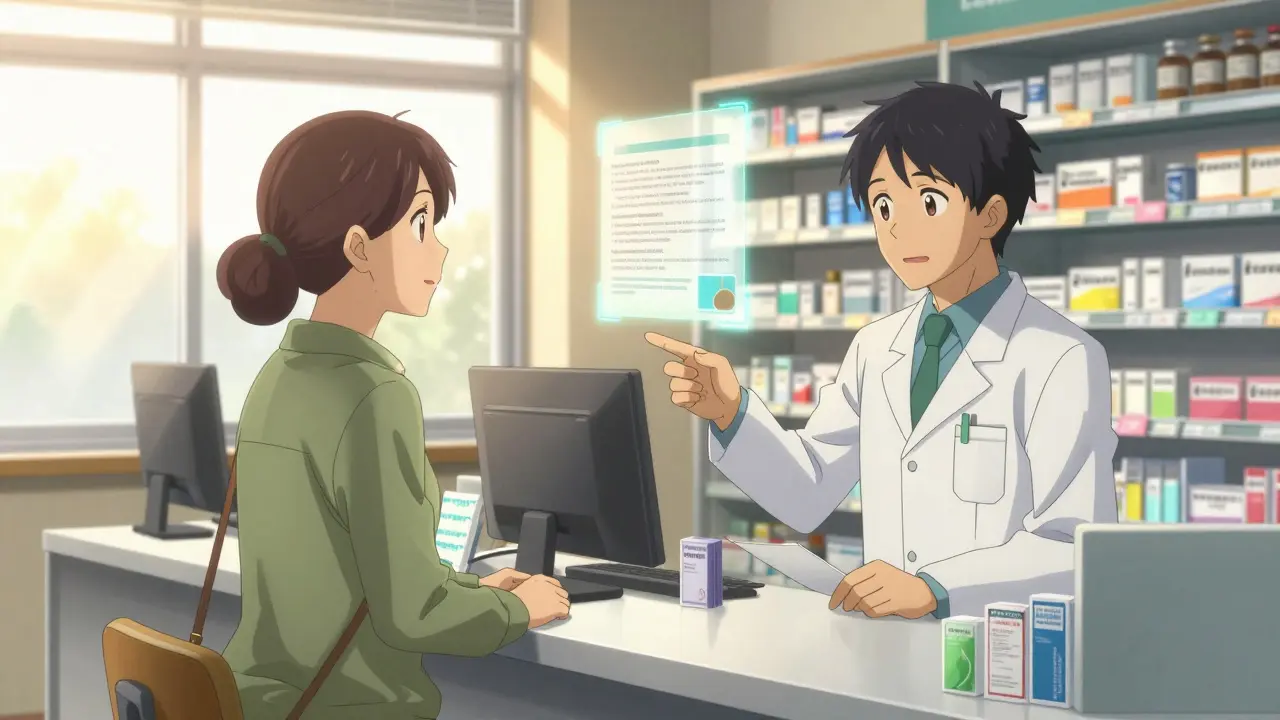 Patient consults pharmacist about medication options at counter