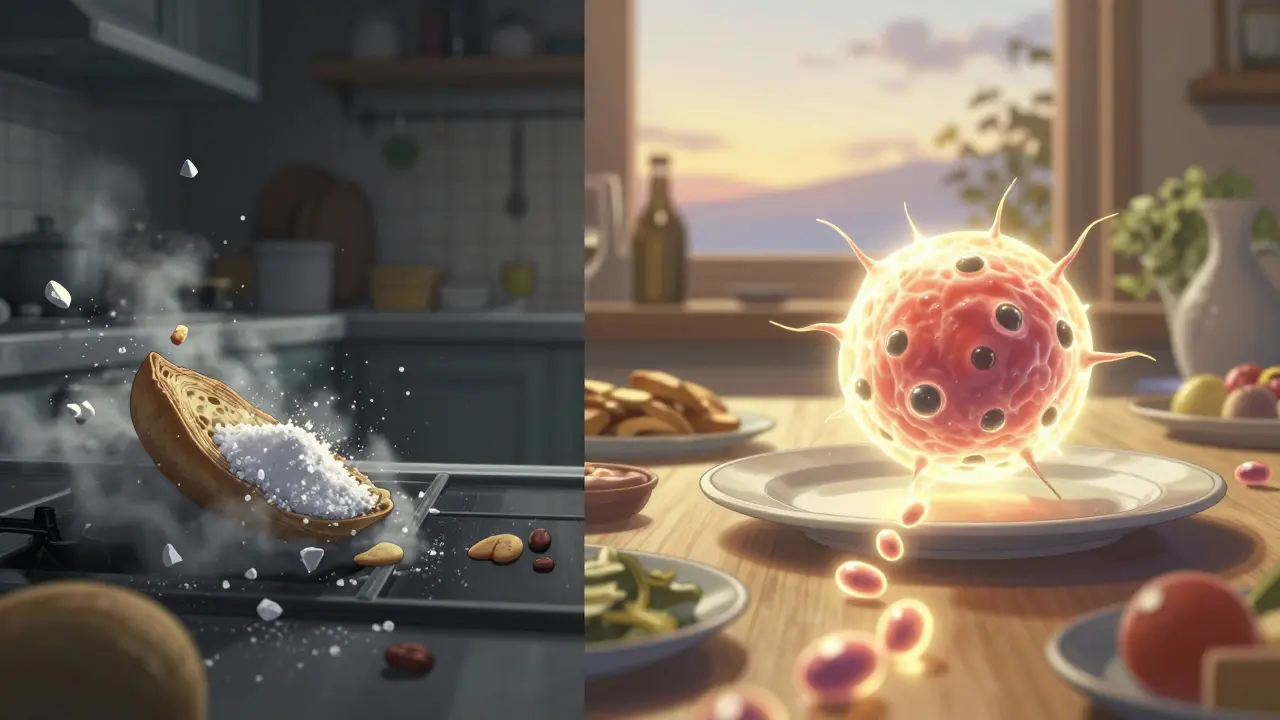 Split scene: chaotic processed foods on one side, serene Mediterranean meal on the other, with glowing nutrient pathways connecting them.