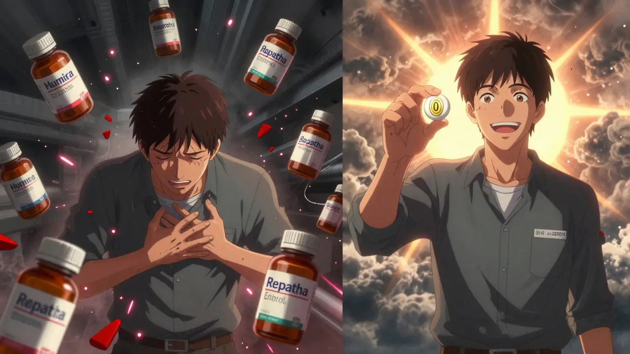 Split scene: one side shows a man overwhelmed by expensive drugs, the other shows him relieved with a <h2>Real Stories, Real Savings</h2> cost symbol.