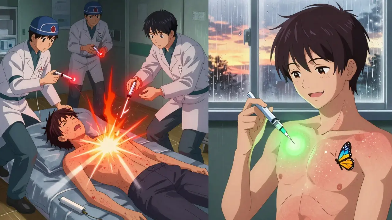 Split scene: one side shows anaphylaxis emergency, the other shows safe insulin injection with calm green aura.