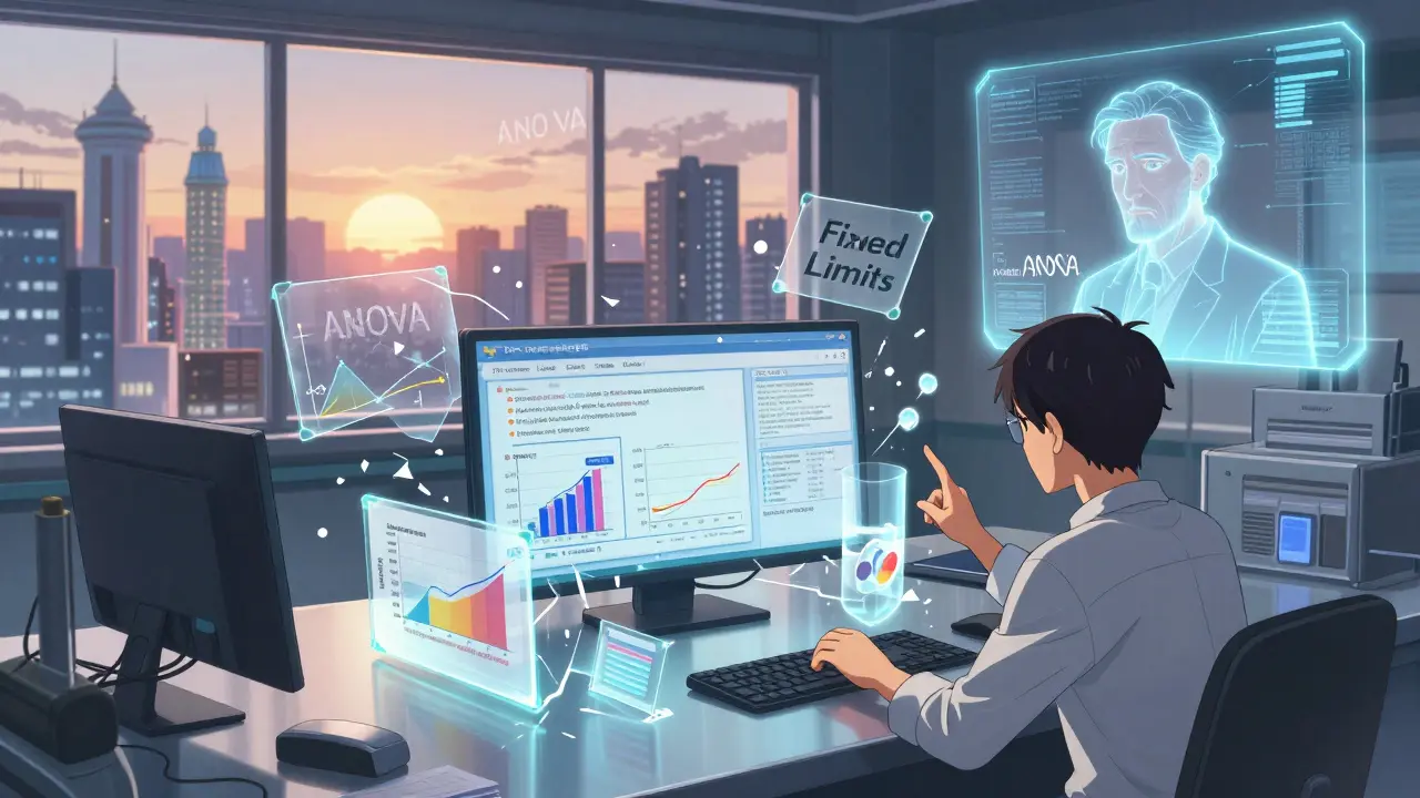 Statistician manipulating a digital 'replicateBE' interface with 3D graphs, shattered old models, and a glowing regulatory advisor.