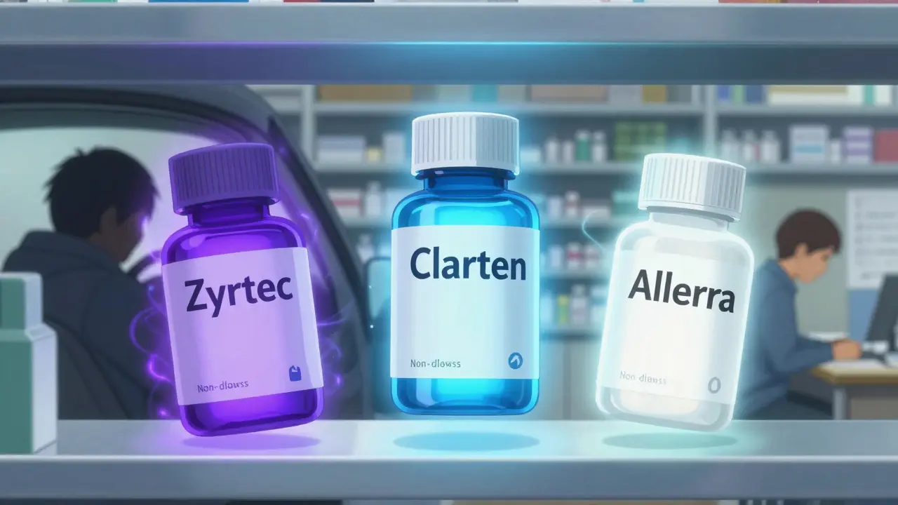 Three glowing allergy medications with distinct auras on a shelf, contrasting drowsy and alert effects.