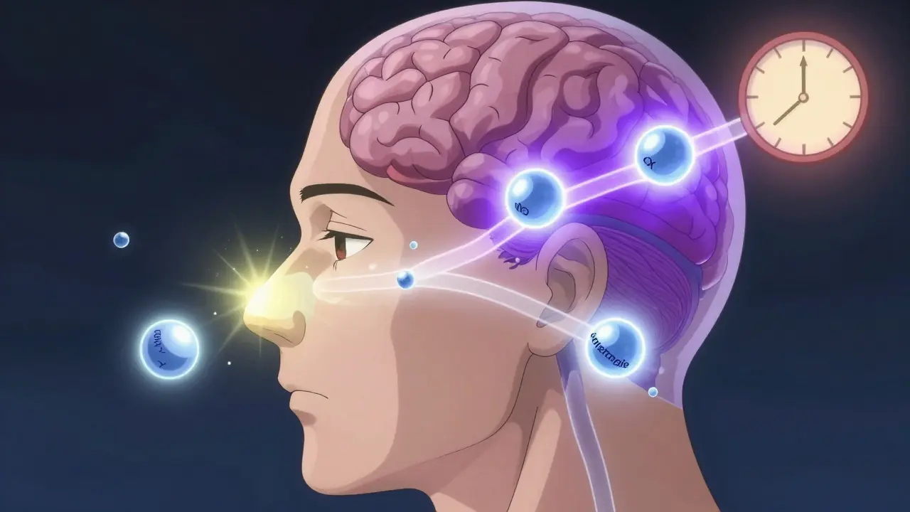 Translucent human head showing histamine particles and antihistamine molecules navigating the bloodstream.