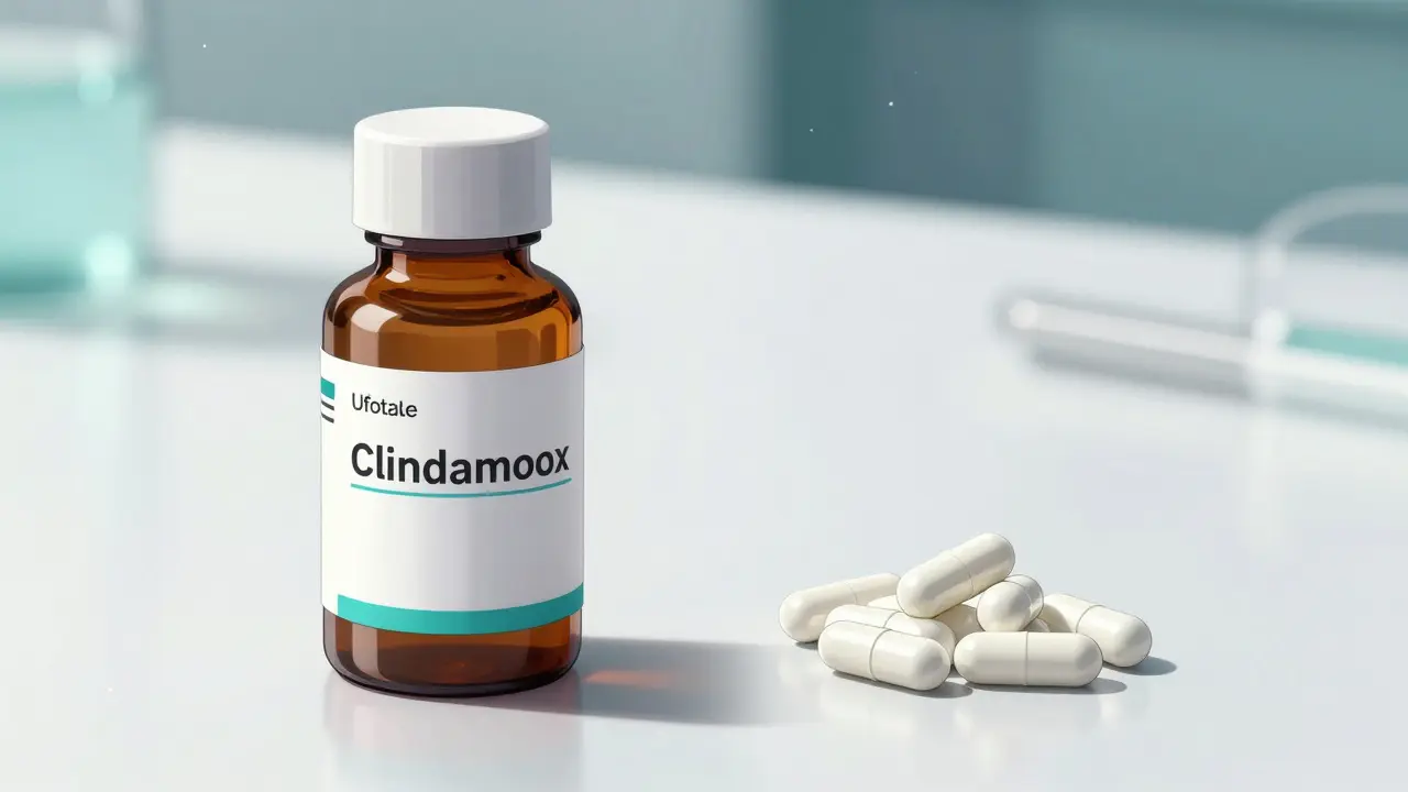 A bottle of topical gel and oral capsules on a clean white surface.