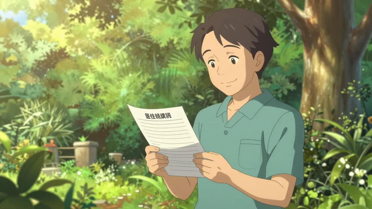 A healthy person smiling in a sunlit garden, representing long-term wellness in anime style.