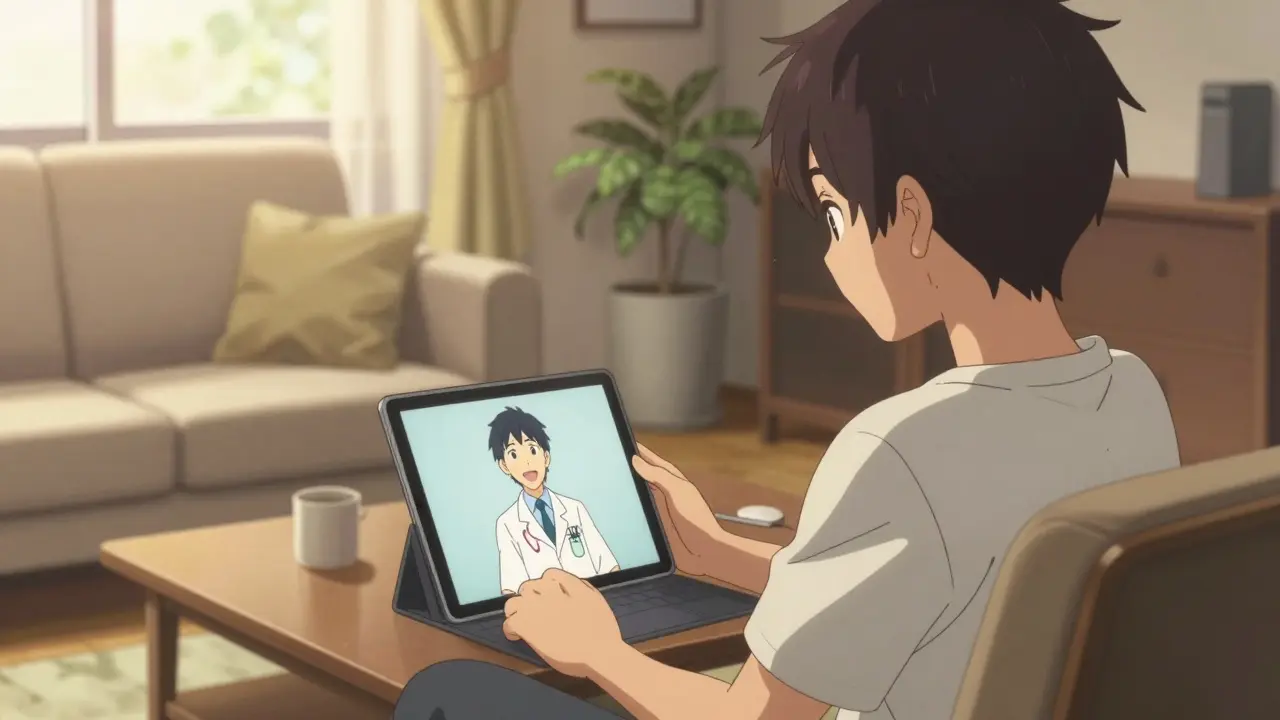 A person having a virtual doctor appointment via a tablet in a sunny room.