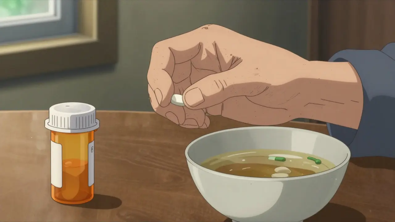 Anime close-up of an elderly person holding a single pill next to a meager meal.