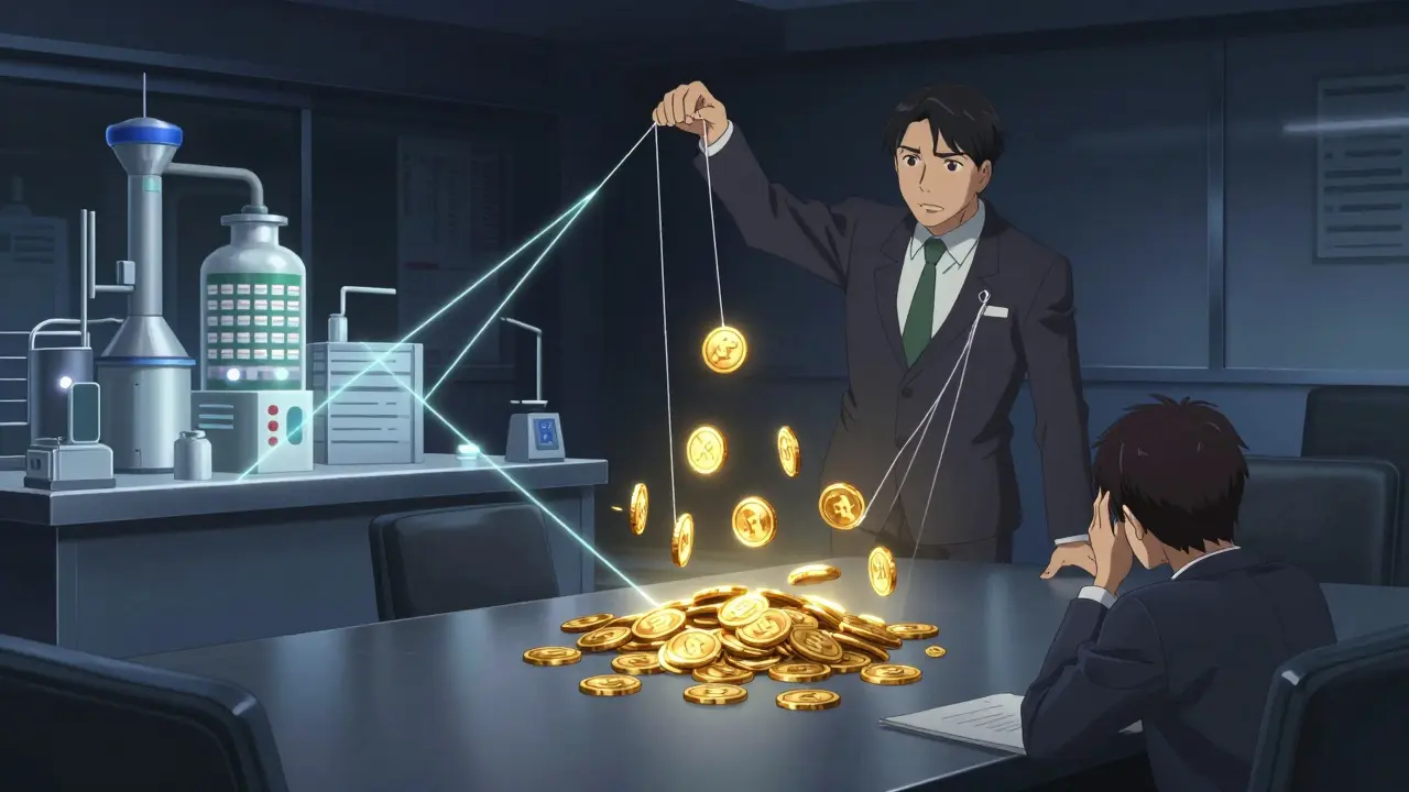 Anime depiction of a PBM executive as a puppeteer manipulating drug prices for profit.