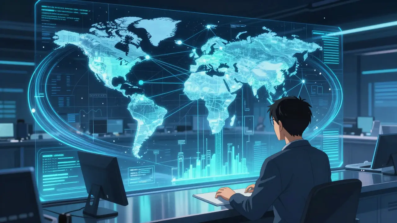 Anime style futuristic command center with holographic global supply chain data.