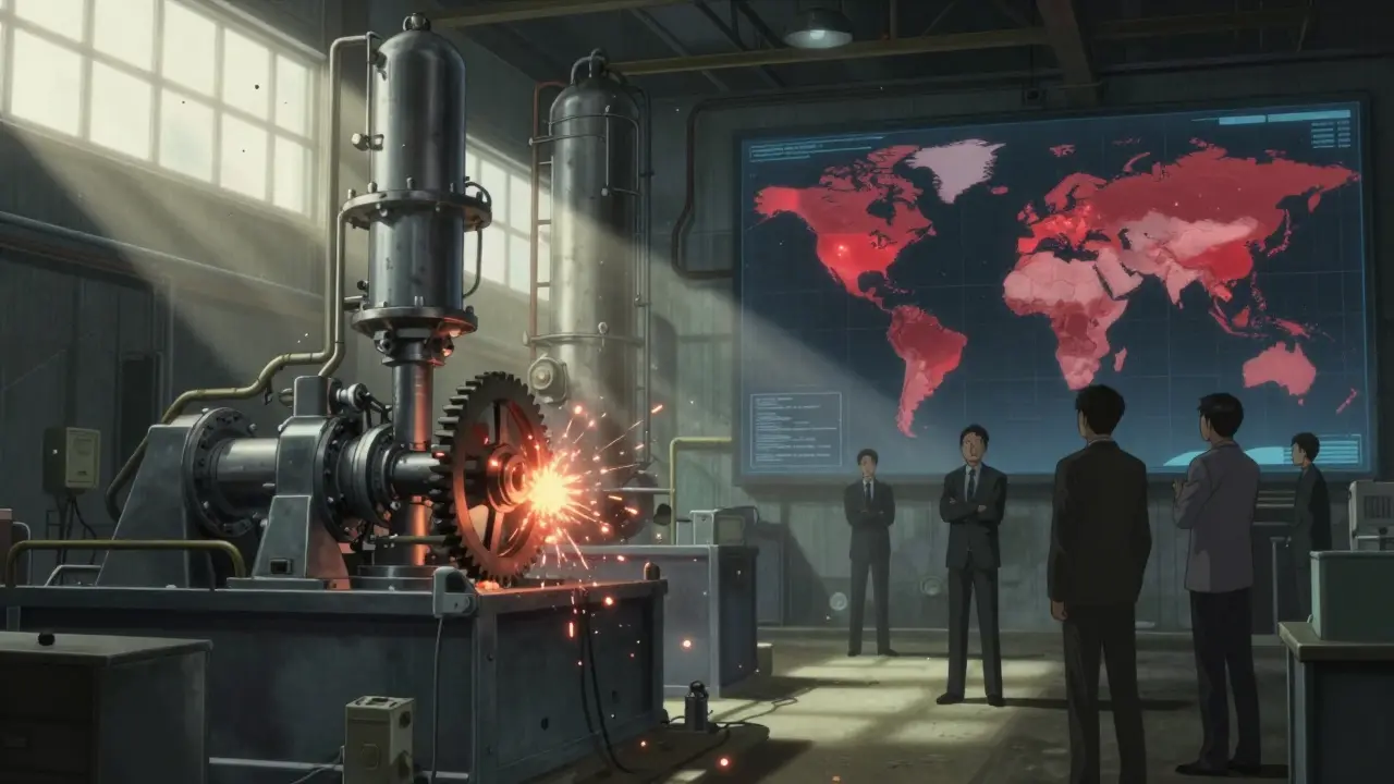 Anime style scene of a failing industrial plant with sparks and a global map.