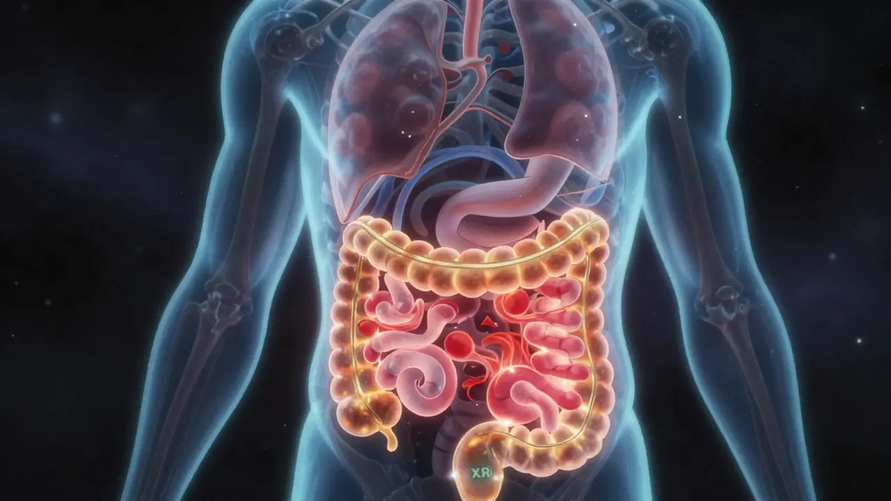 Conceptual anime depiction of extended-release medication calming digestive distress.