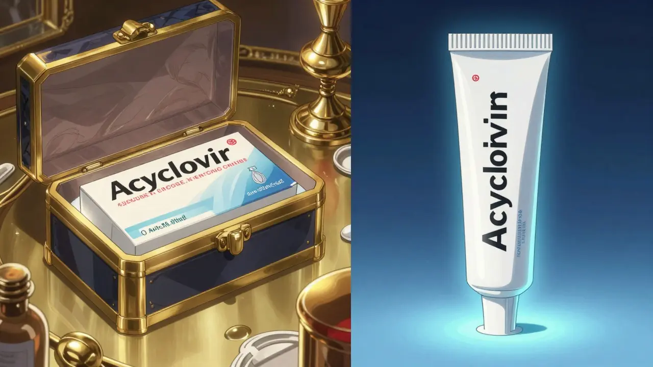 Visual comparison between an expensive brand-name medicine and a generic cream