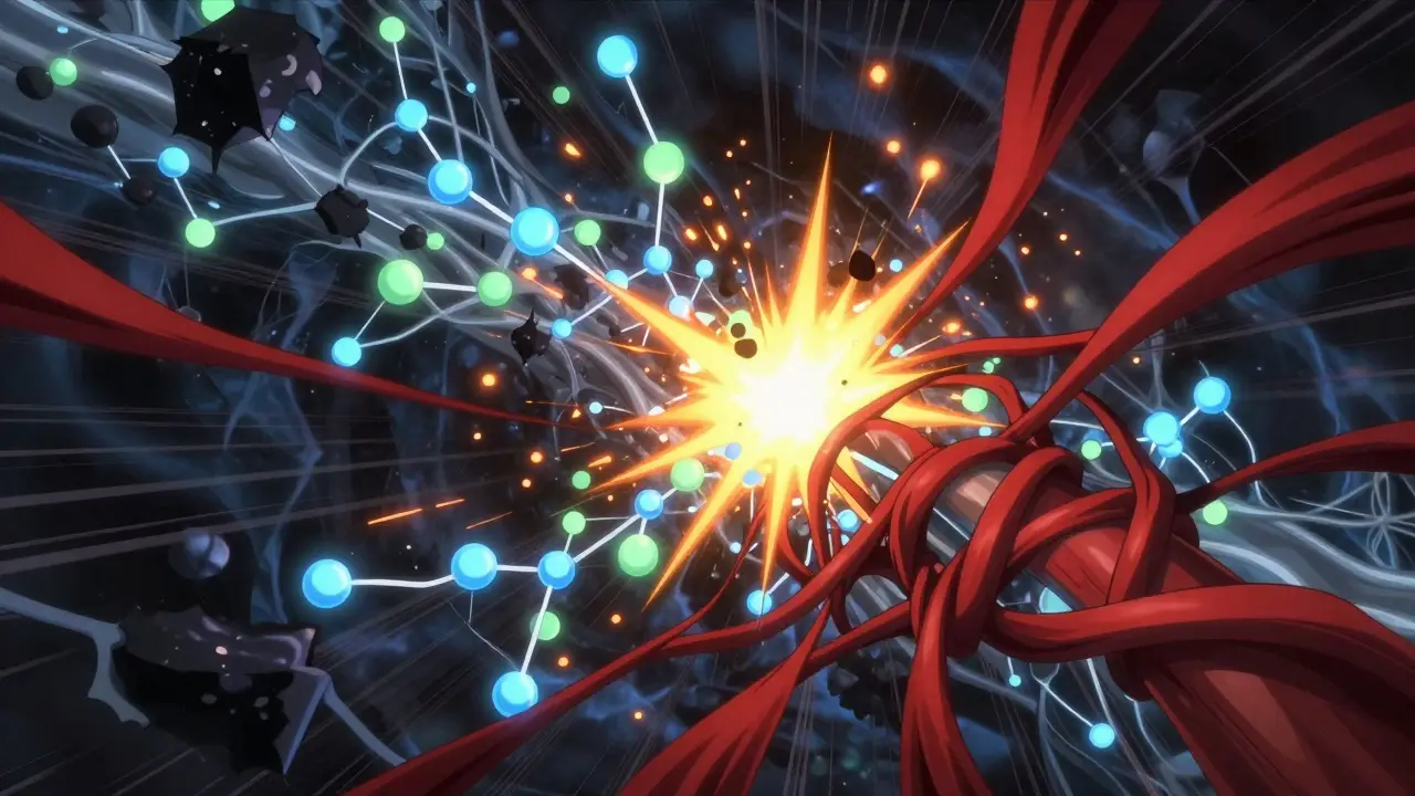 Abstract anime art showing dangerous drug interaction in body
