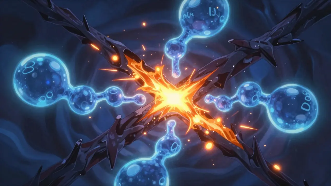 Abstract art of blocked enzymes causing chemical buildup