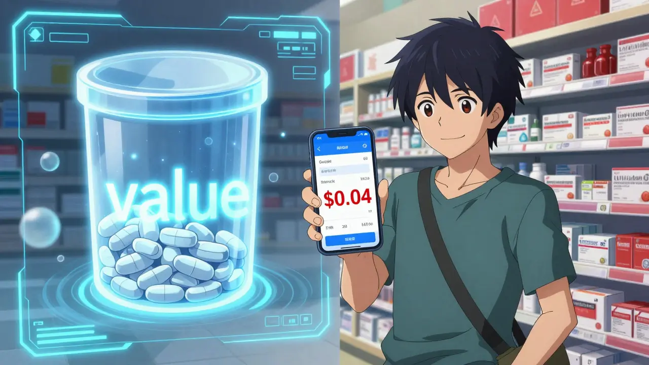 Anime comparison of cheap online generic pills vs expensive pharmacy brands.