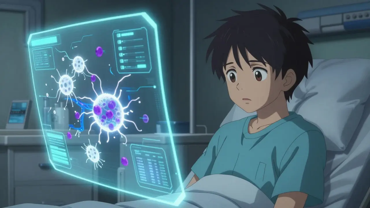 Anime patient viewing holographic display of immune cells reacting to supplements