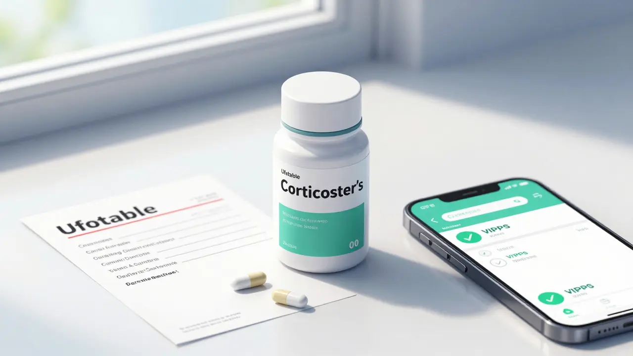 Anime style: Legitimate prednisolone pills and verified prescription on clean counter.