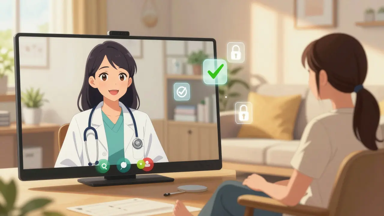 Anime style: Safe telehealth video consultation between doctor and patient in sunny room.