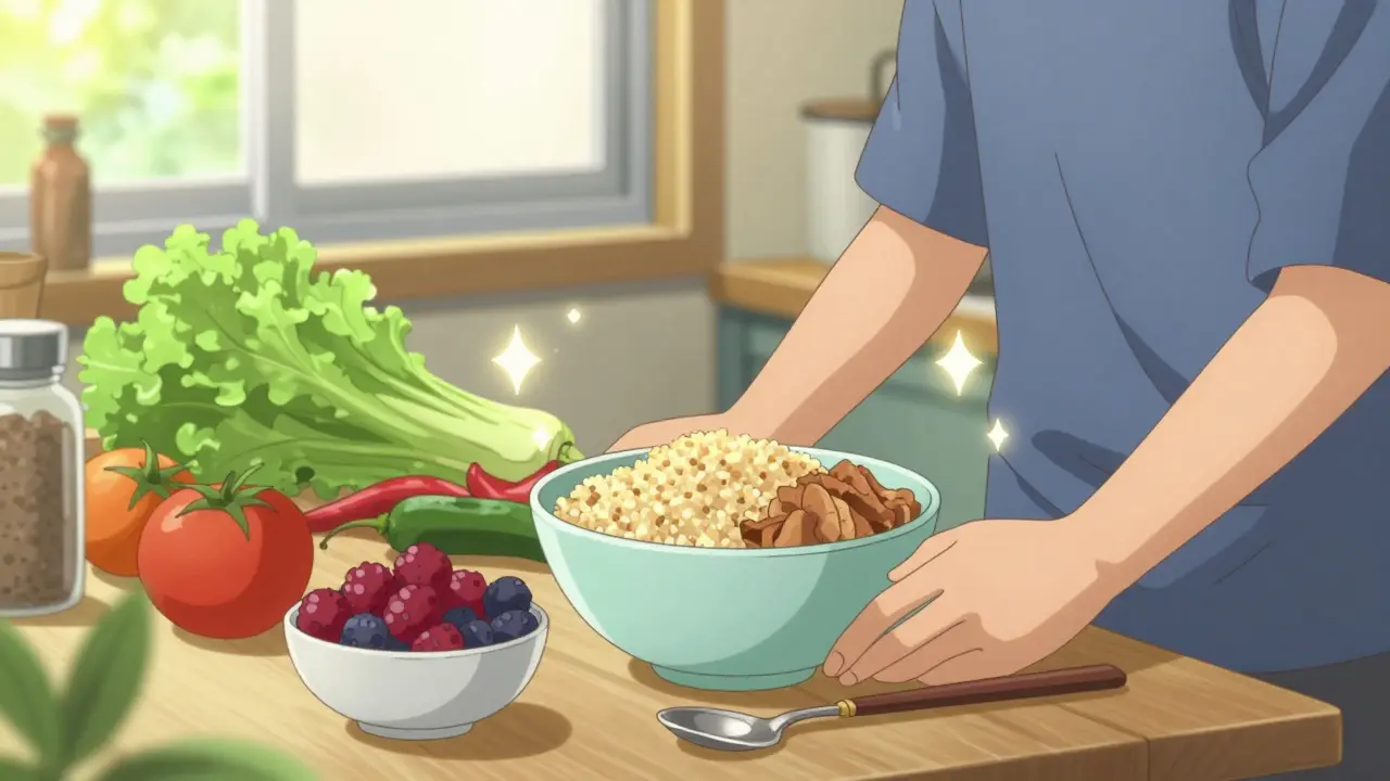 Bright anime kitchen scene with healthy low-GI foods and soft sunlight.