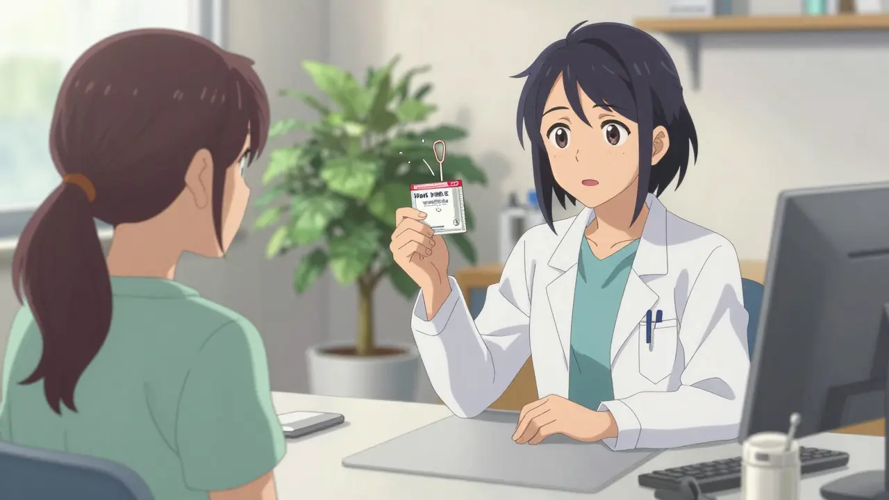 Doctor advising patient on backup contraception methods like IUD
